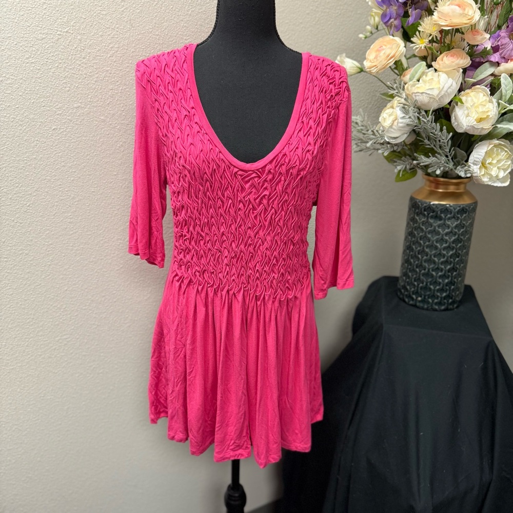 Soft Surroundings Pink Smocked Waist Tunic Top Large 3/4 Sleeve Flowy Boho